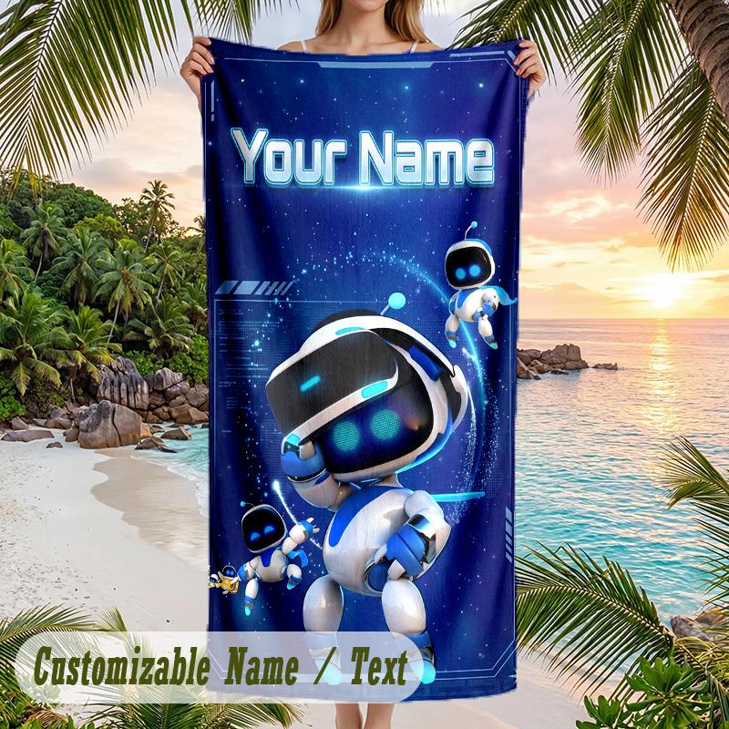 Astro Bot Beach Towel, Personalized Custom Text, Quick Dry Soft Large Towel For Swimming Pool Travel