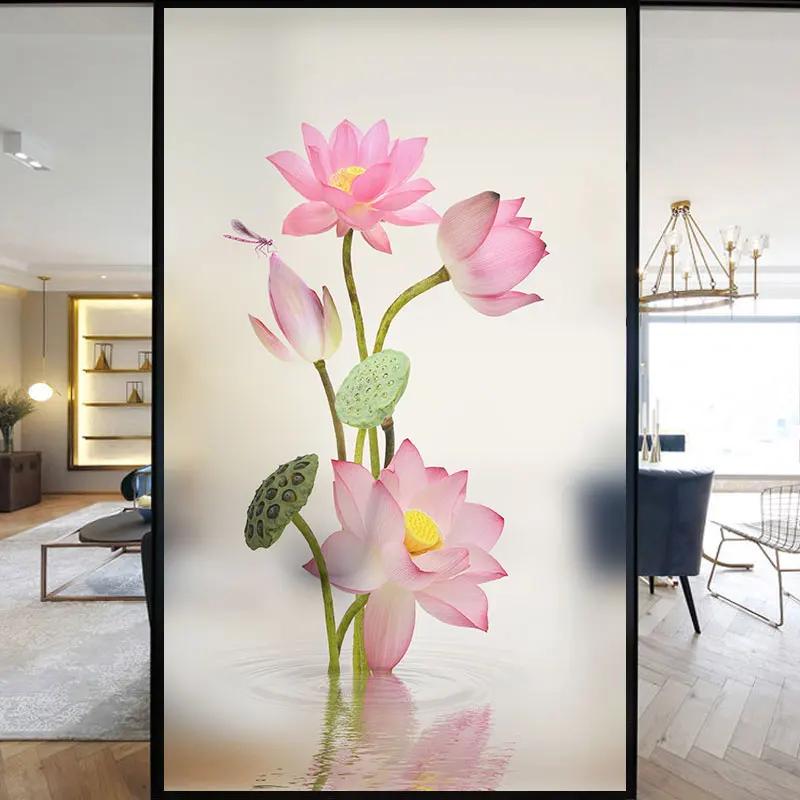 No Glue Privacy Windows Film Decorative Chinese Flower Painting Stained Glass Static Cling Frosted Window Stickers