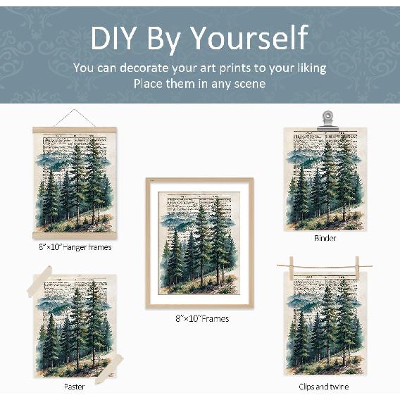 VONTP Green Forest Mountain Wall Art Decor, Nature Woodland Landscape Retro Prints Poster Wall Decor Decorations for Farmhouse Bedroom Bathroom Cabin