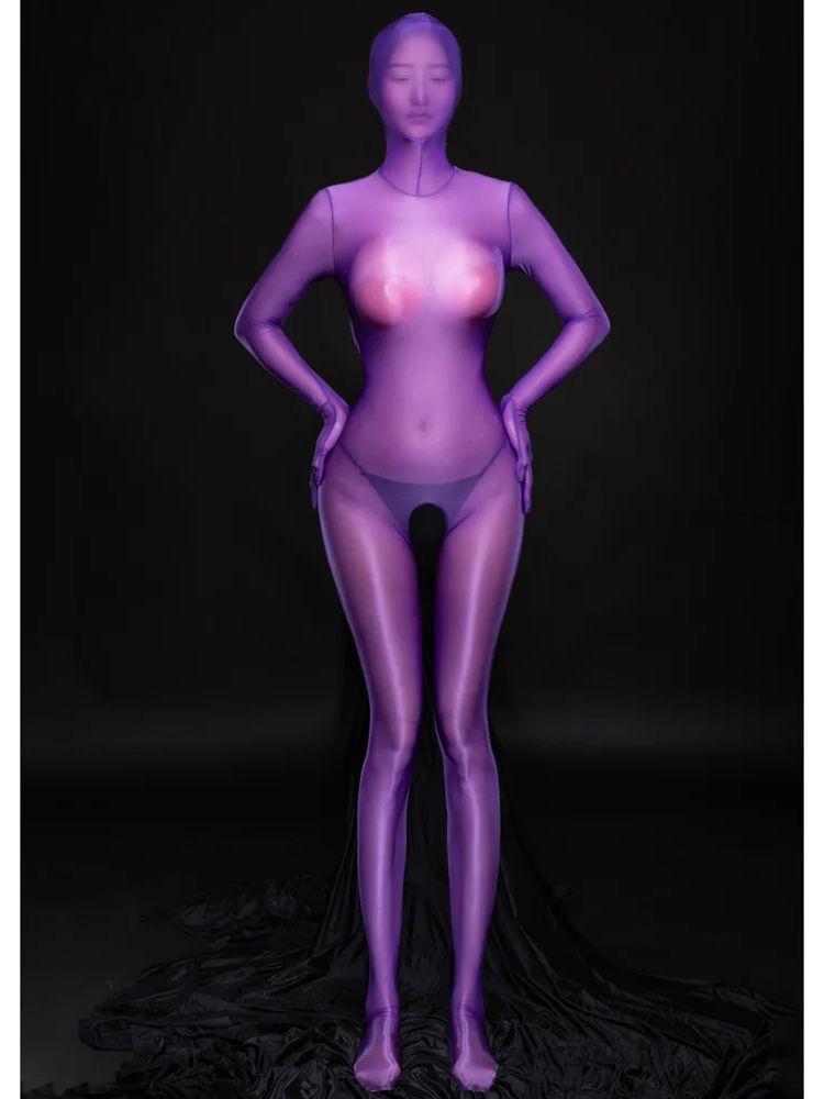 M Xl Hooded Catsuit Shiny Nylon Full Coat Zentai Bodystocking Open Crotch Bodysuit Tight Sexy Leotard Conjoined Jumpsuit Unitard