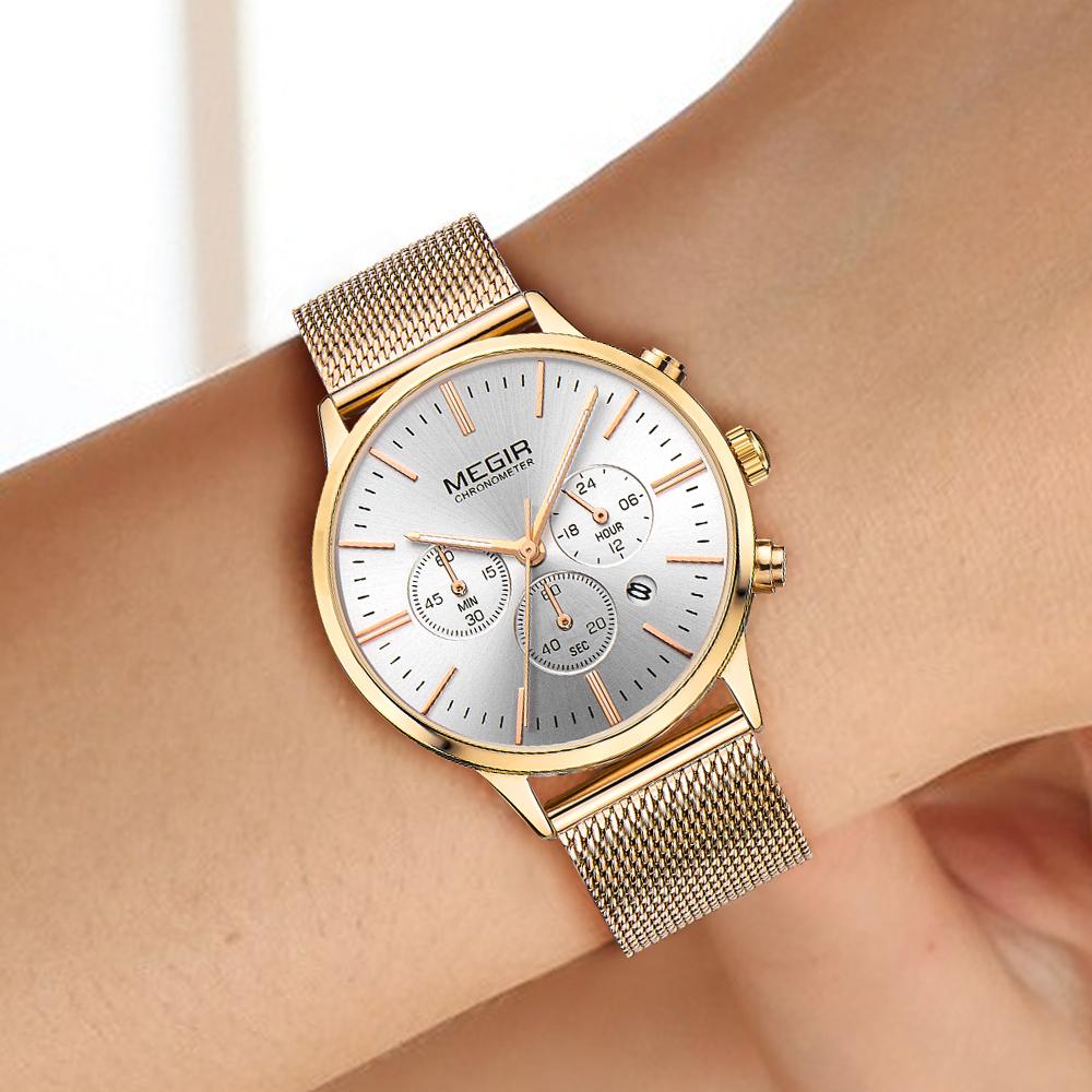 Megir Women's Chronograph Luminous Hands Date Indicator Quartz Wrist Watches Lady Rose Gold M2011L-1