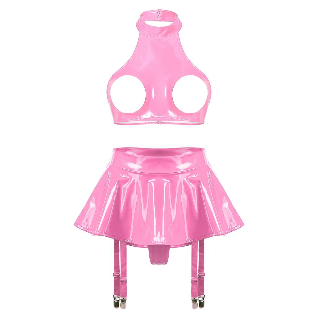 Women Shiny Leather Lingerie Set Cupless Bra Top with Ruffle Built-in Thongs Garter Mini Skirt for Party Clubwear Sexy Outfits