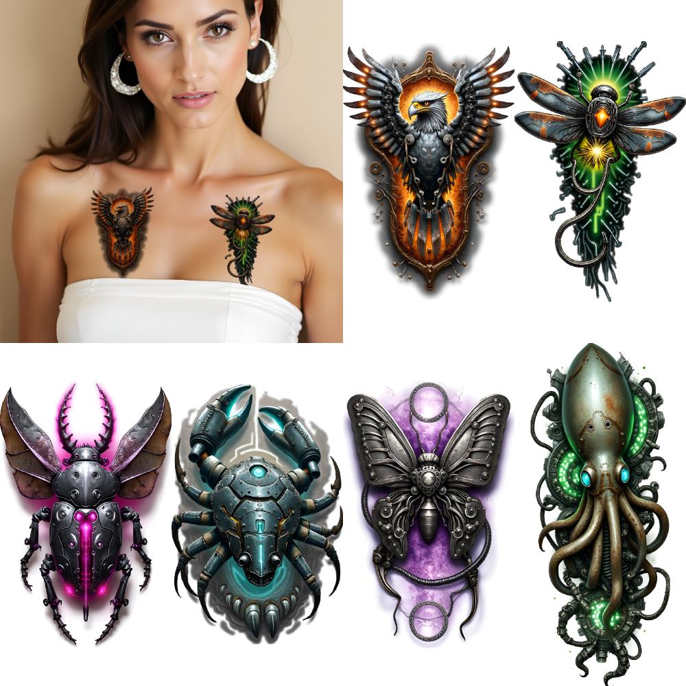 12pcs Temporary Tattoo Insect Designs Colorful Realism Mechanical Creatures Waterproof Long-lasting Body Stickers For Back