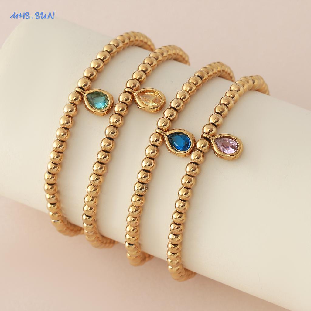 MHS.SUN Stainless Steel Gold Plated 12 Months Birthstone Beaded Bracelets For Women Men Zircon Water Droplet Charm Trend Jewelry