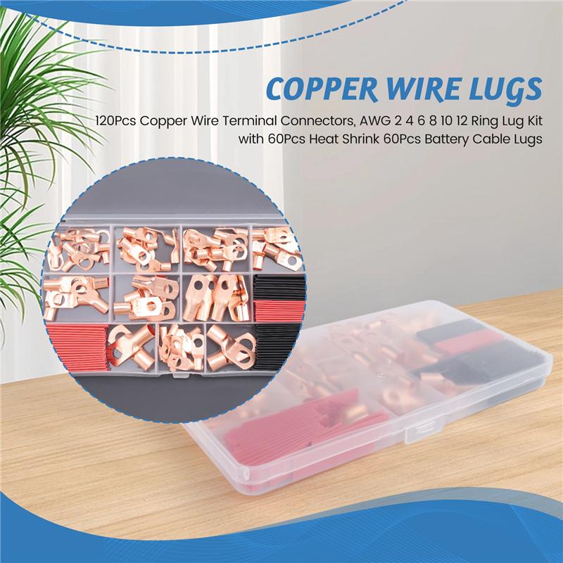 A03F-120Pcs Copper Wire Terminal Connectors, AWG 2 4 6 8 10 12 Ring Lug Kit With 60Pcs Heat Shrink 60Pcs Battery Cable Lugs