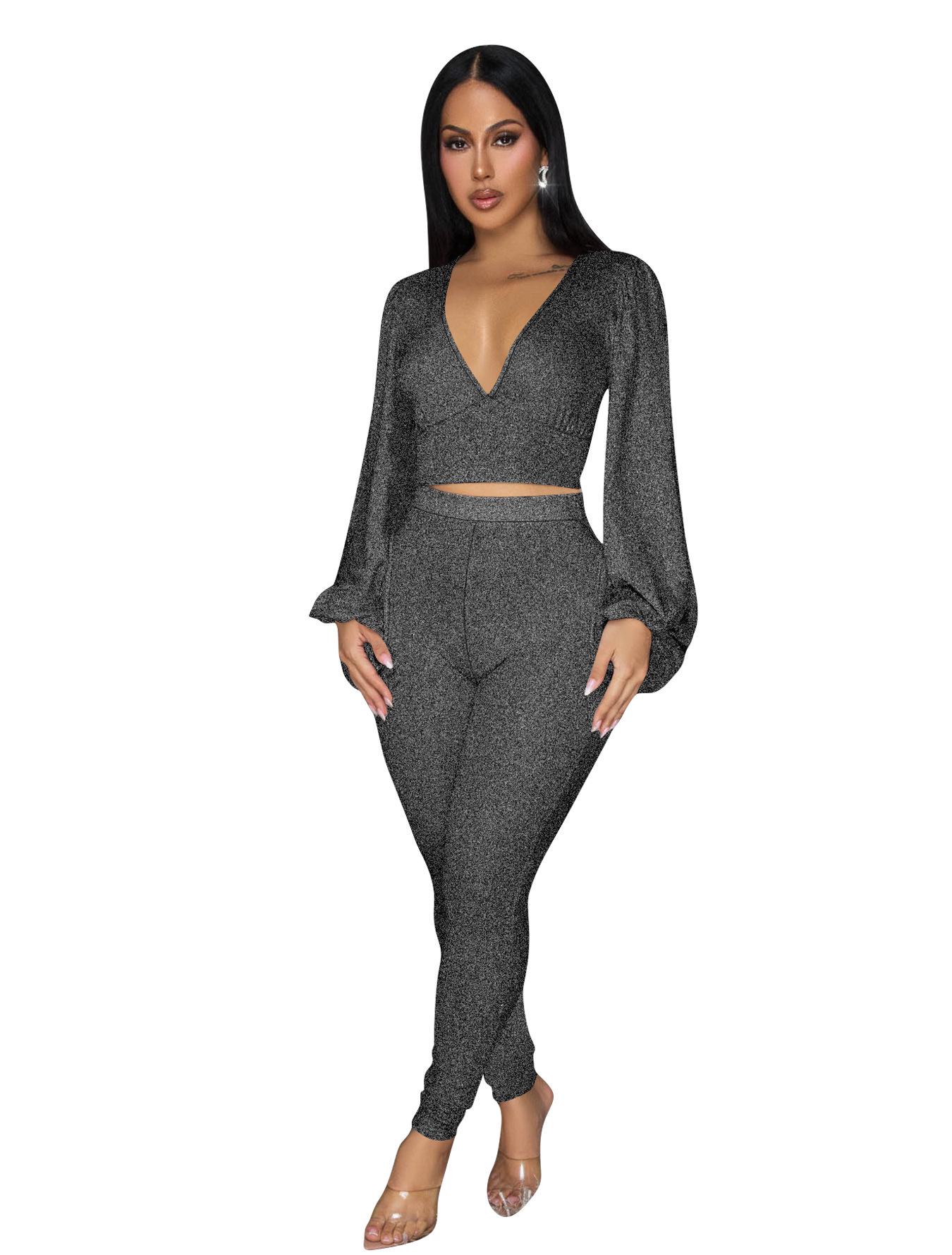 F6055 Women s Deep V-neck Backless Strappy Lantern Sleeve Top & Long Pants Set XL серебряный серый