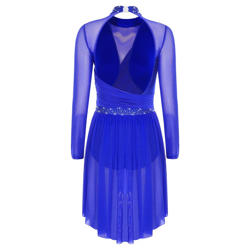 Women’s Glitter Rhinestone Lyrical Dance Dress Long Sleeve Ruched Backless One Piece Leotard for Modern Contemporary Recital