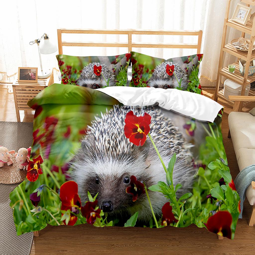 Hedgehog Duvet Cover Set Cute Cute Animal Polyester Comforter Cover King Queen Size for Kid Boy Girl Bedding Set with Pillowcase