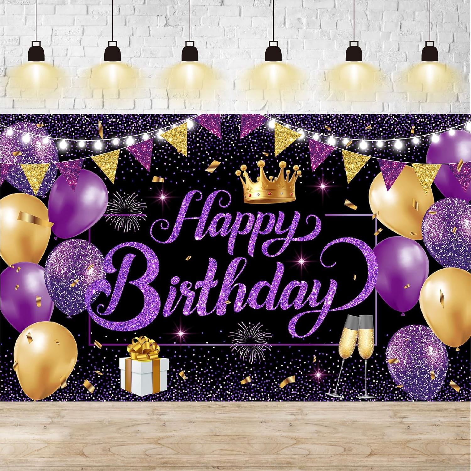Purple Gold Birthday Banner Happy Birthay Party Decorations for Women, Large Happy Birthday Backdrop Banner Sign, Black Purple Birthday Party Decor