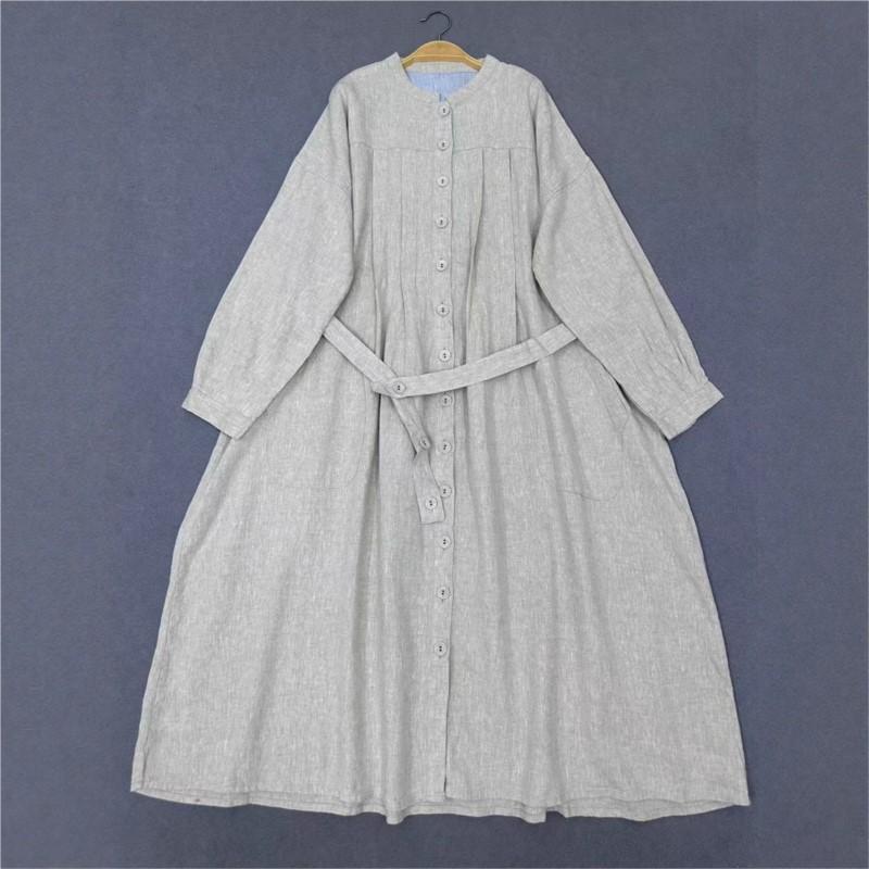 

Johnature Autumn Stand Collar Long Dress Retro Loose Solid Color Simple Tied Cardigan Women Dresses One Size бежевый