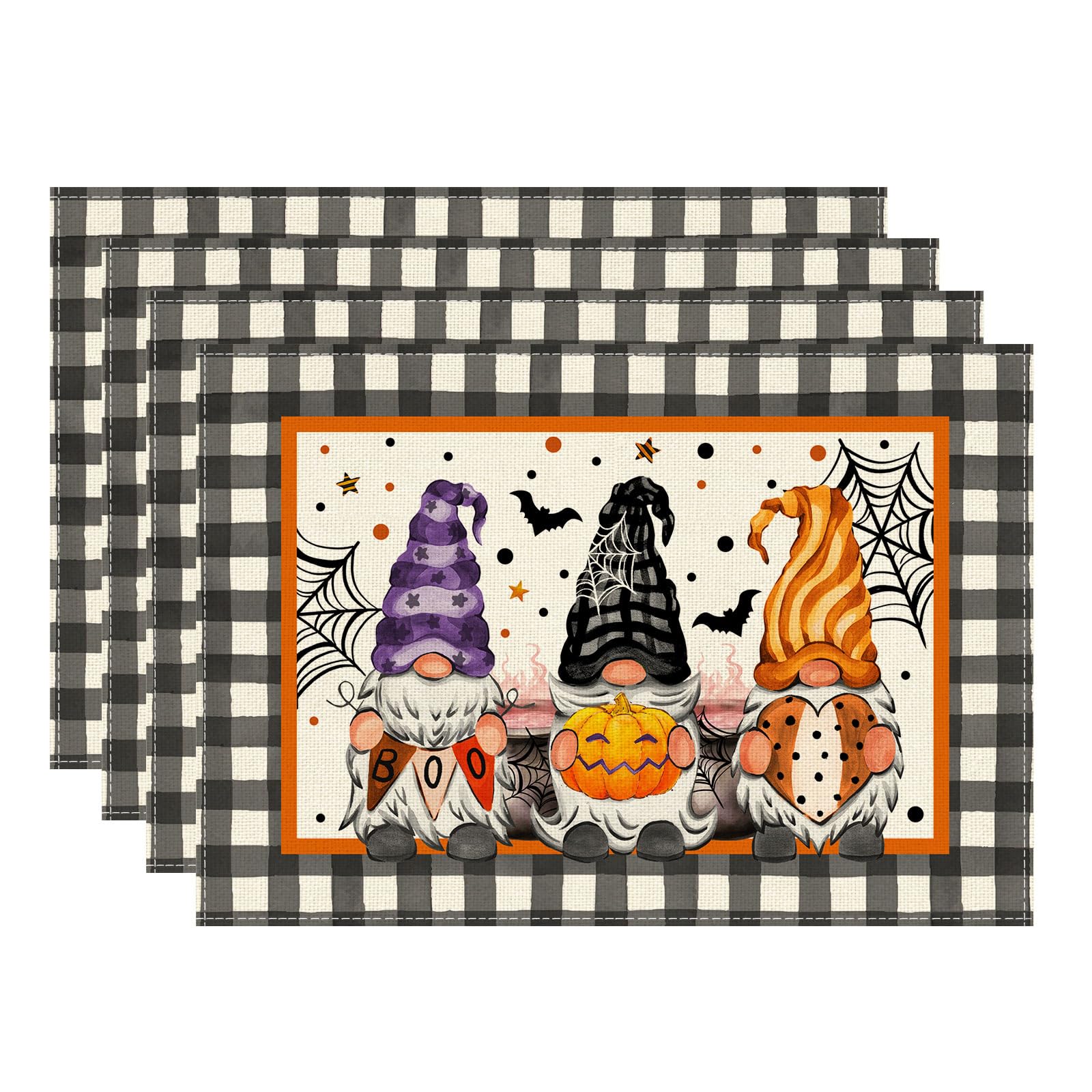 

Spooky Boo Plaid Gnome Halloween Placemats Set of 4 Table Mats for Party Home Kitchen Dining Table Decorations 12x18 Inch Placemats Set of 4 （12x18 Inch）