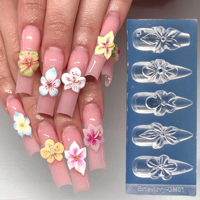 3D Flower Silicone Nail Mold Lily & Hibiscus Petals Carving Template Gel Polish Stencils for Spring Summer Manicure Decor