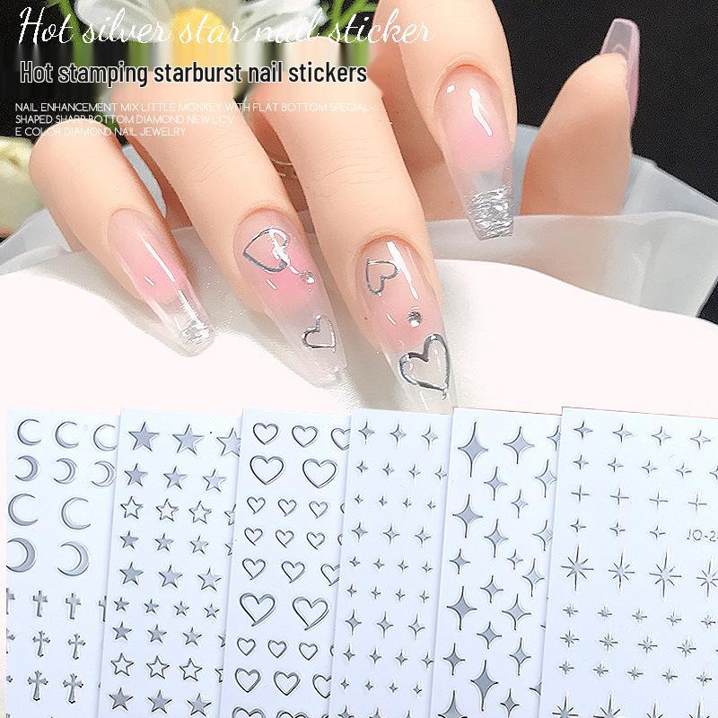 Trendy Silver Mirror Nail Stickers: Stars, Hearts, Moons & Chrome Designs