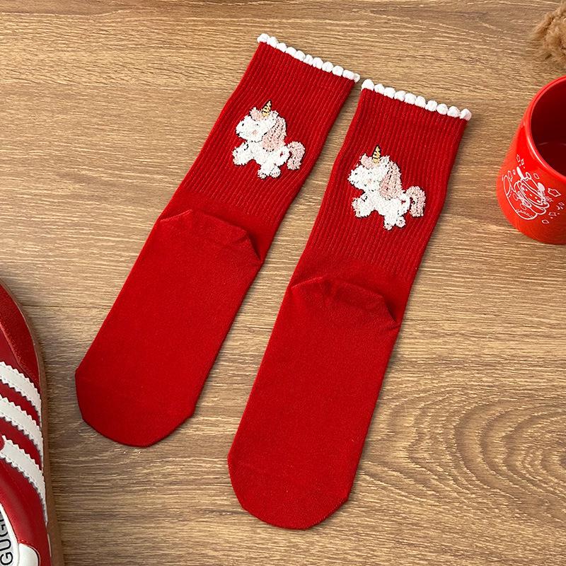 2026 Year of the Horse Red Mid-Calf Women's Socks, 3D Flocked Lucky Cotton Autumn/Winter.