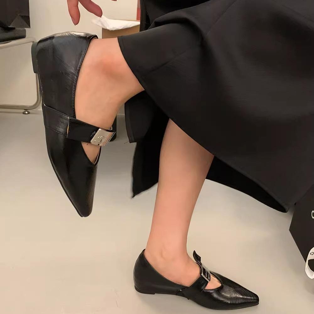 Single Shoes Women's Shoes New Autumn and Winter Word with Pointed Silver Mary Jane Shoes
