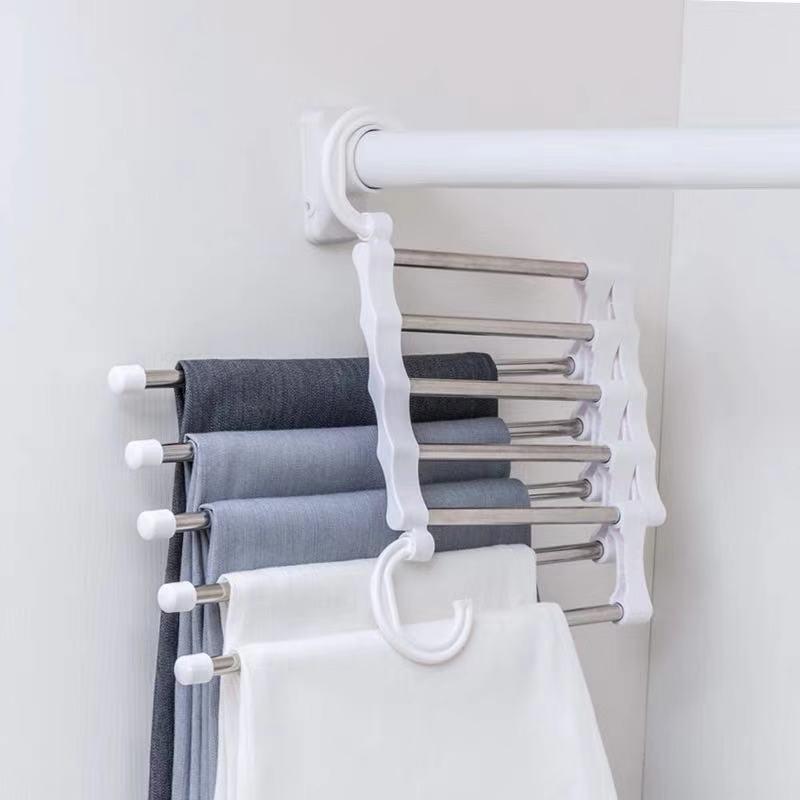 1 Pcs 5 In 1 Magic Trouser Rack Hangers Stainless Steel Folding Pant Rack Tie Hanger Shelves Closet Organizer Wardrobe Storage