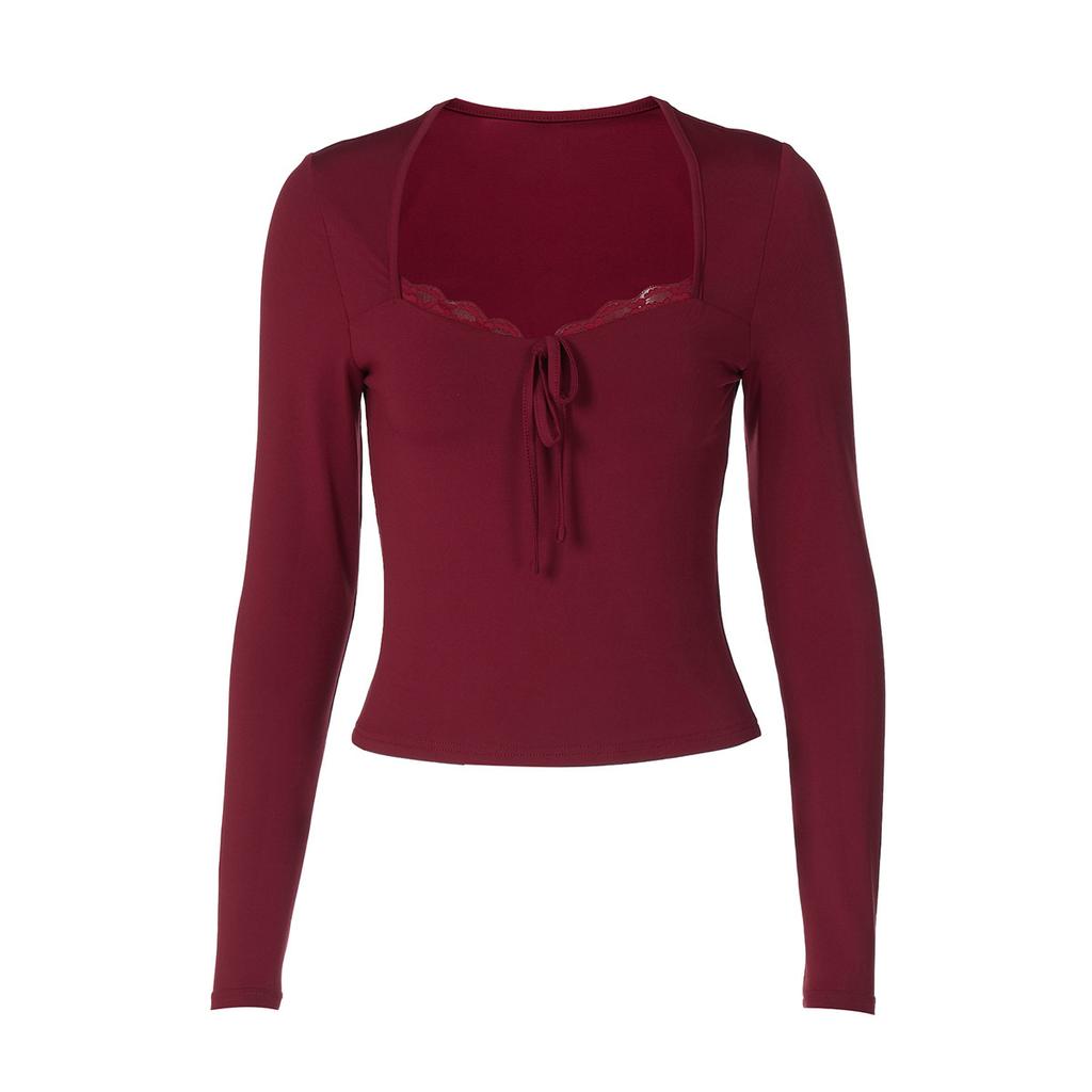 European and American lace lace bottoming shirt autumn new fashion Spice Girl tight square neck thin top women's wholesale