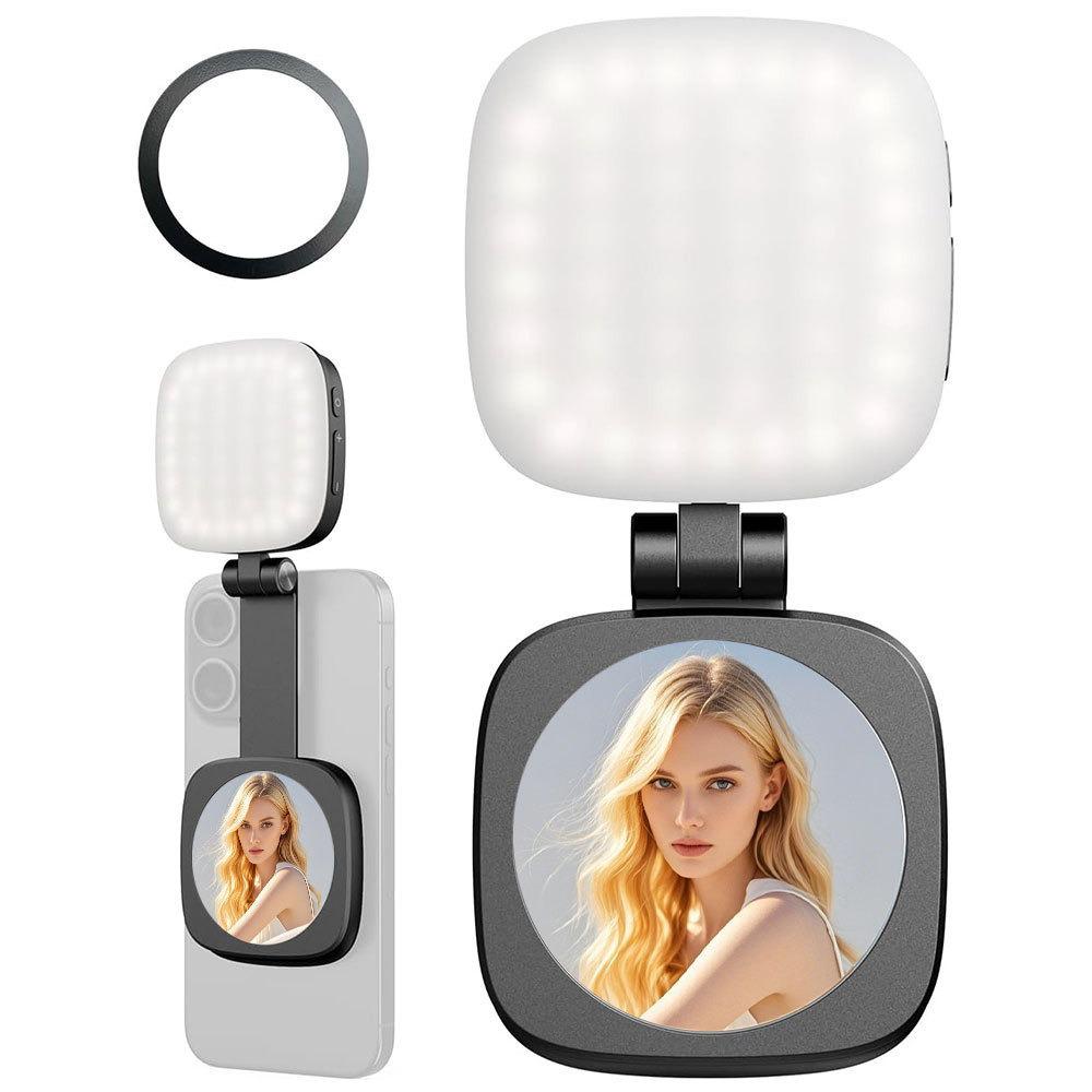Luz de Preenchimento Magnética Portátil: Espelho dobrável para selfies e maquiagem para transmissões ao vivo e fotografia.