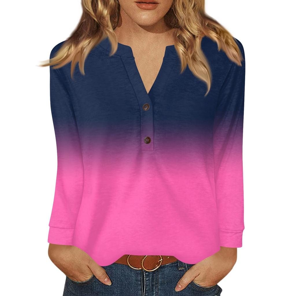 Damen T-Shirt Print Knopf Langarm Täglich Wochenende Mode Basic V-Ausschnitt Regulär Oberteil