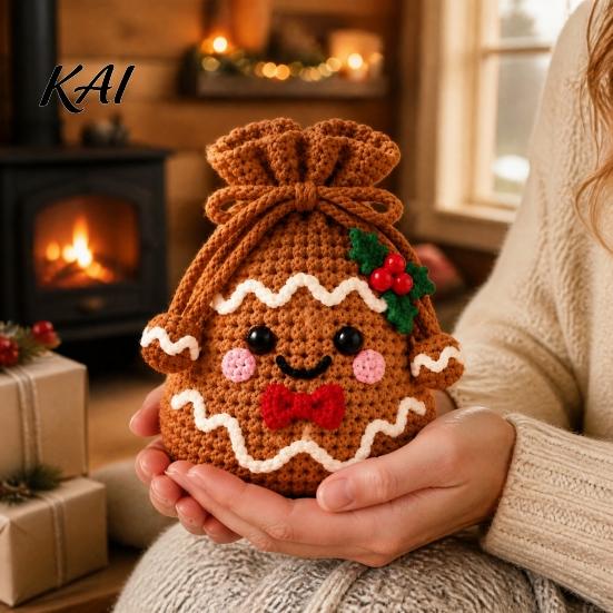 Holiday Home Decor DIY Christmas Crochet Gift Bag Material Kit for Beginners, Handmade Knitted Decoration Bag, Creative Xmas Tree/Elf/Nutcracker