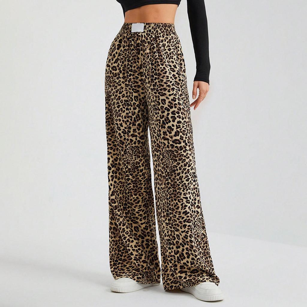 Women's Leopard Print High Waisted Wide Leg Trousers  Casual Straight Leg Pants