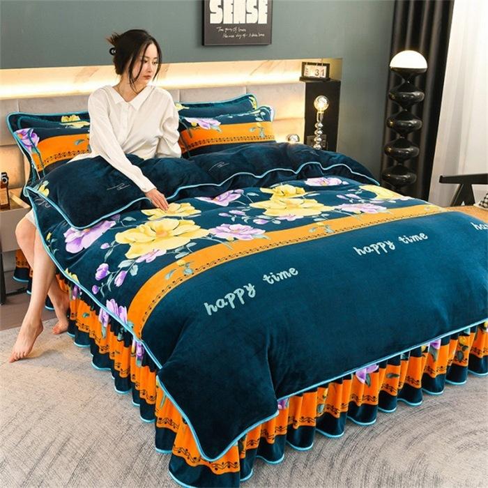 Thickened Milk Fleece Four-Piece Warm Double-Sided Coral Fleece Quilt Cover Flannel Sheet Bed Skirt Bedding