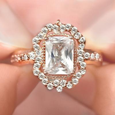 Rose Gold Plated Zircon Square Diamond Princess Ring, Fashionable Engagement Women'S Jewelry