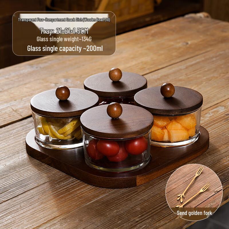 Elegant Acacia Wood & Glass 4-Compartment Snack Tray Set