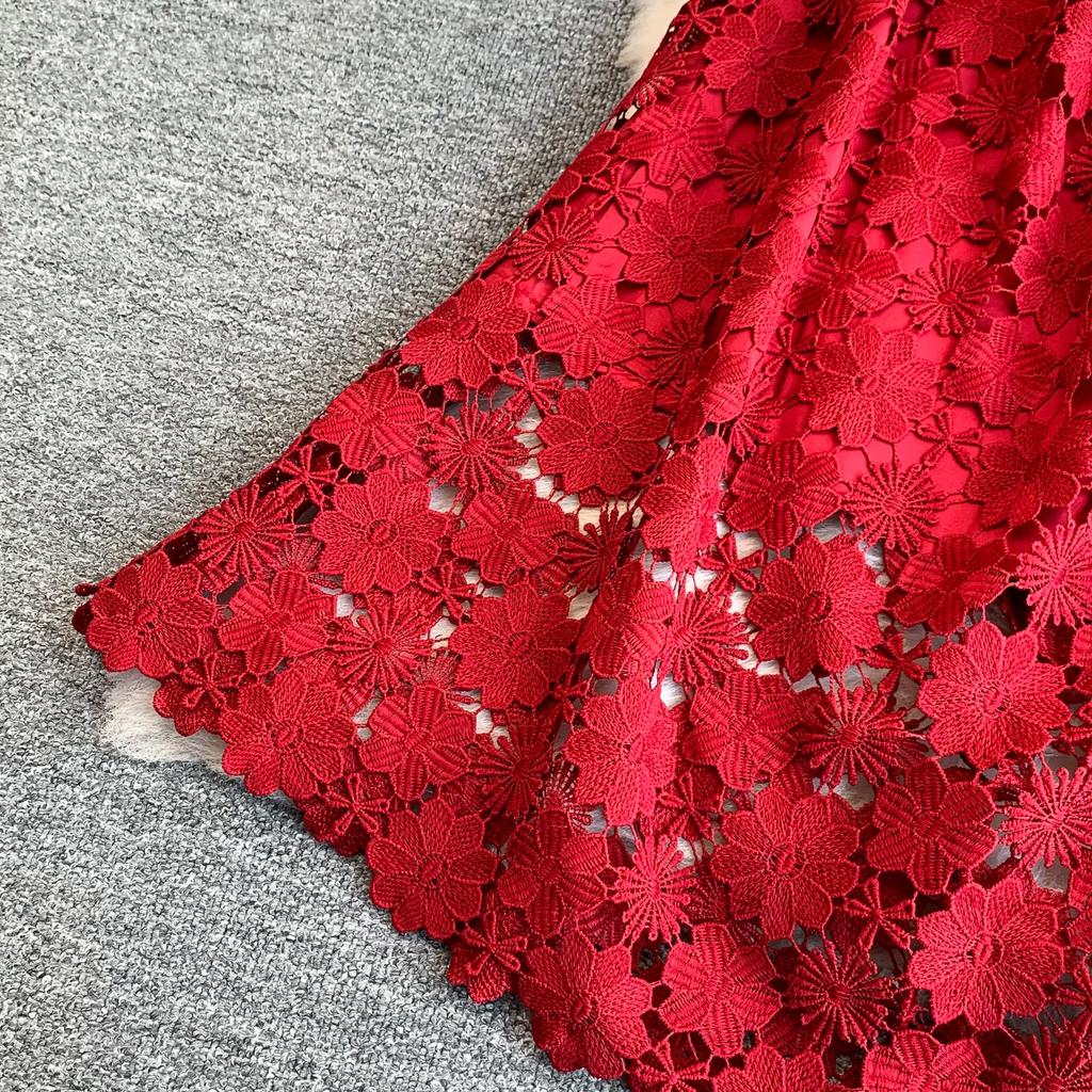 Summer Formal Evening Dress Women Hollow Out Crochet Lace Embroidery Party Long Dresses Female Short Sleeve Midi Dress