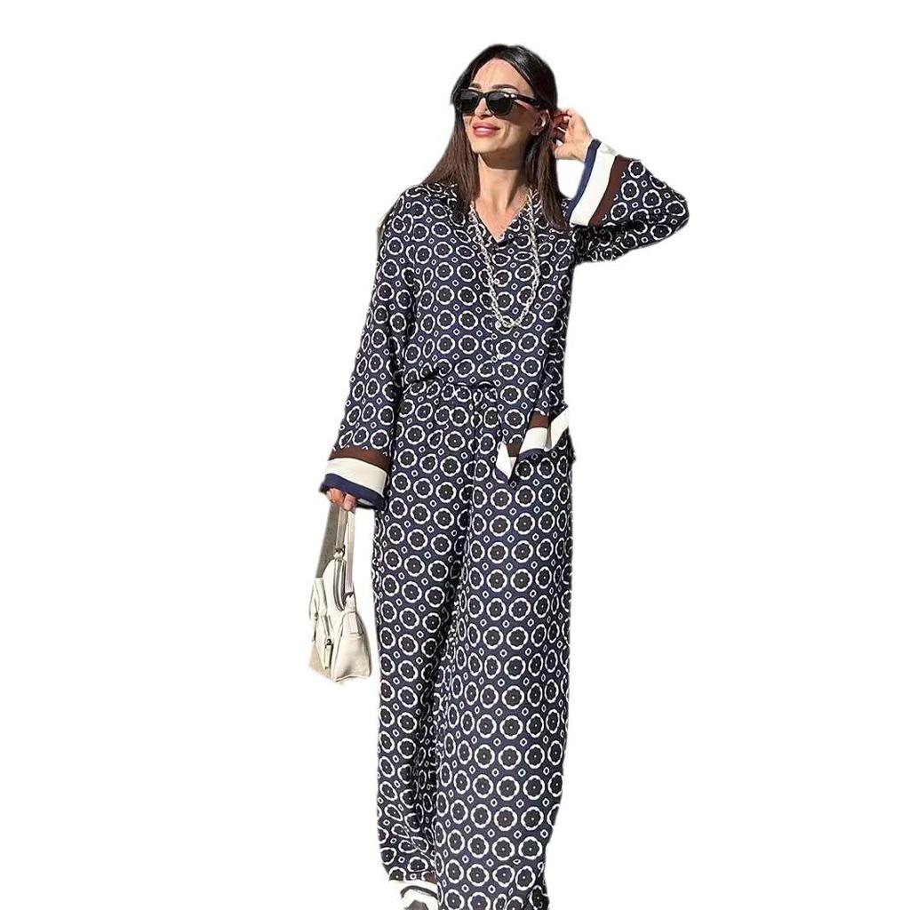 New European-American Fashion: Printed Long Sleeve Shirt & High Waist Pants Two-Piece Set for Women