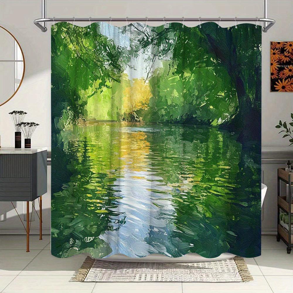 1 Stück sonnenbeschienener Fluss-Badevorhang - Impressionistisches Landschaftsdesign mit spiegelglattem Wasser & üppigem Blätterdach, gesprenkelter Lichteffekt,