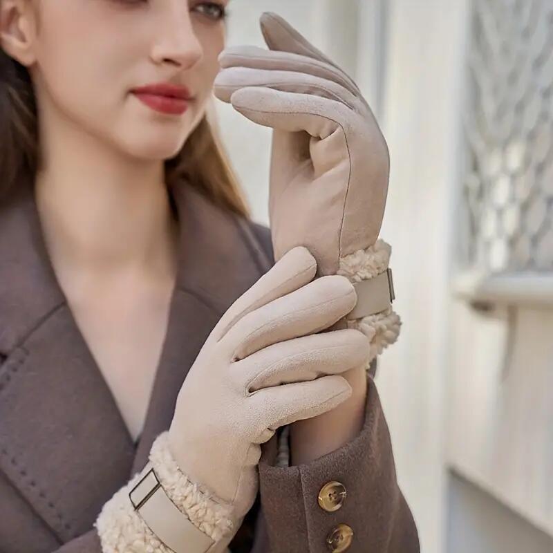 Plush Cuff Metal Buckle Suede Gloves Solid Color Thickened Warm Gloves Women's Stylish Versatile Cold-proof Gloves