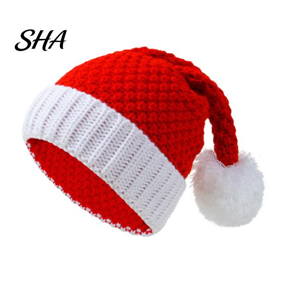 Soft Waxy Winter Hat for Adults Santa Hat, Red Knitted Christmas Kids Adults, Warm Festive Headgear Xmas Party with White Pompom Holiday Accessory