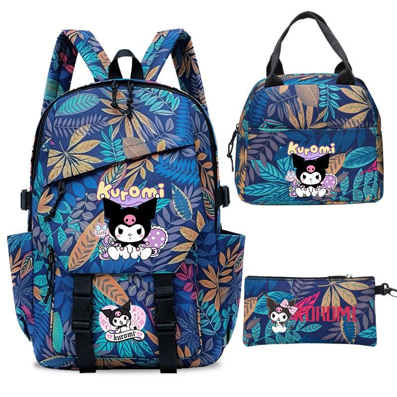 Kuromi Kids School Backpack Set 3pcs Cartoon Oxford Fabric Lightweight Ergonomic Shoulder Bag Grades 3-9
