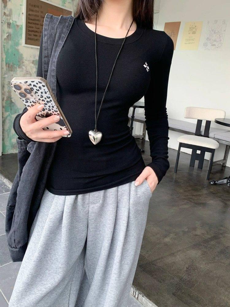 Women's Slim Fit Long Sleeve Embroidered Top - Round Neck, Elastic, Elegant Base Layer for Autumn & Winter