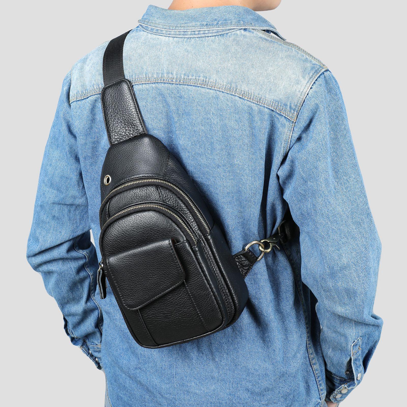 

Мужская нагрудная сумка Crazy Horse Leather, большая вместимость, нагрудная сумка из натуральной кожи, винтажная сумка через плечо из коровьей кожи с накладным верхом чёрный