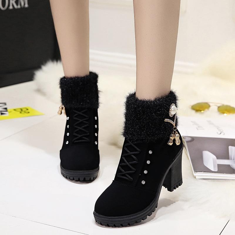 2025 Autumn and Winter Velvet Warm Women's Cotton Shoes High Heel Comfortable Metal Buckle Side Zipper Martin Boots Hairy Short Boots