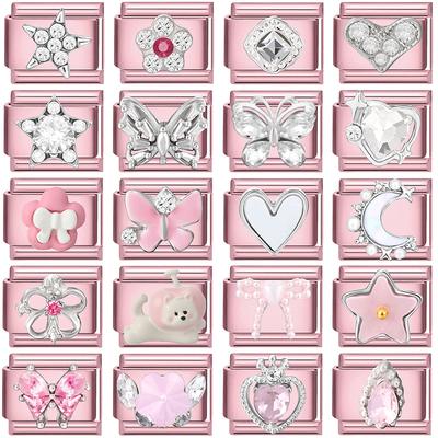 Pink Color Y2K Butterfly Star Bow Rabbit Heart Pendant Italian Charm Links Fit 9mm Stainless Steel Bracelet DIY Making Gifts