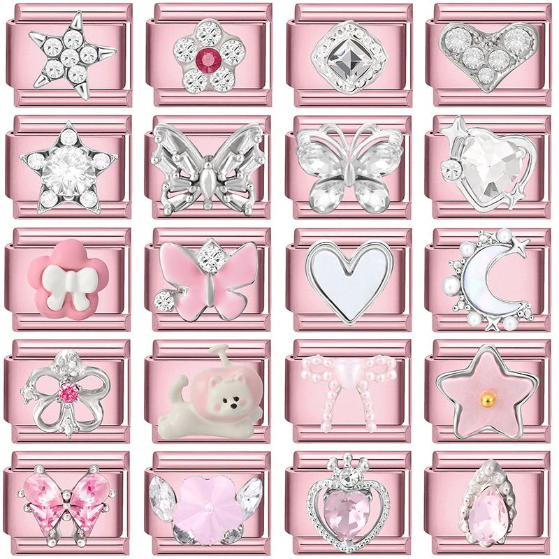 Pink Color Y2K Butterfly Star Bow Rabbit Heart Pendant Italian Charm Links Fit 9mm Stainless Steel Bracelet DIY Making Gifts