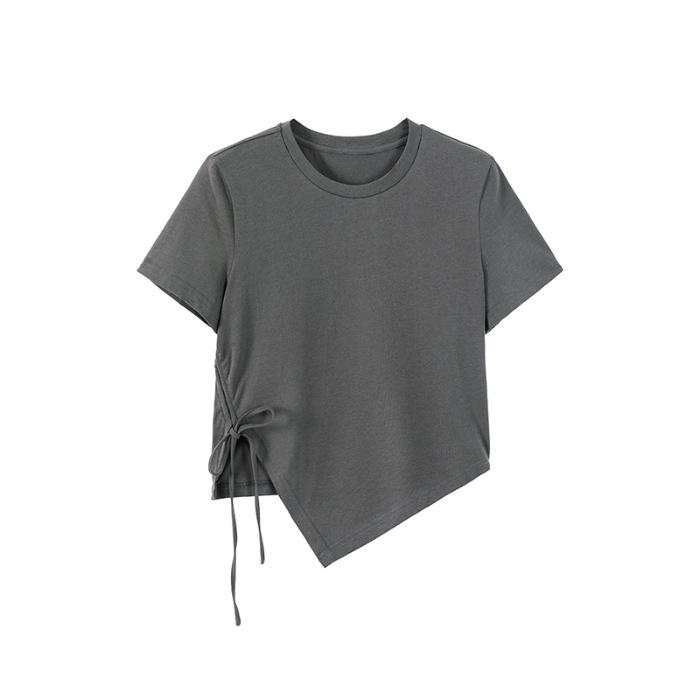 Irregular Drawstring Hem Short Fit Slim Fit T-shirt for Women, Split Short Sleeved Top, Solid Color