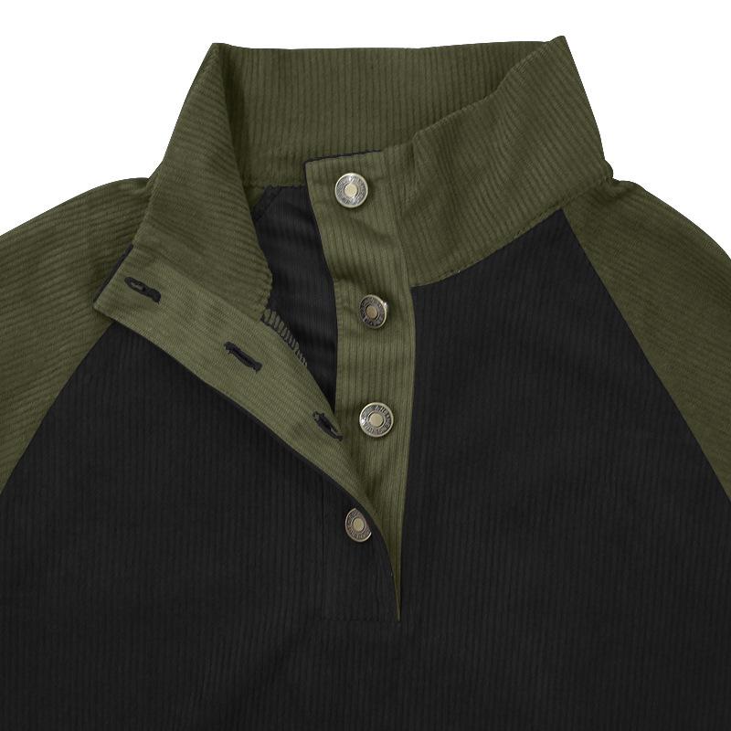 Men's Corduroy Color Block Stand Collar Hoodie - Casual Long Sleeve Top for Spring and Autumn