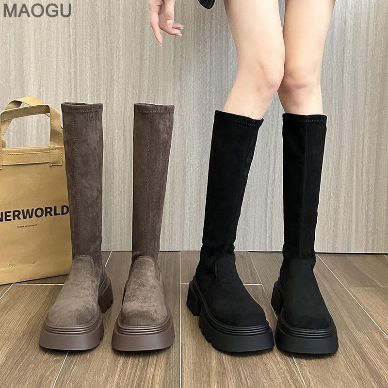 Autumn Winter Vintage Knee-High Long Boots Brown Platform Suede Stretch Boots Versatile Slip on Botas for Women Bottes Femmes