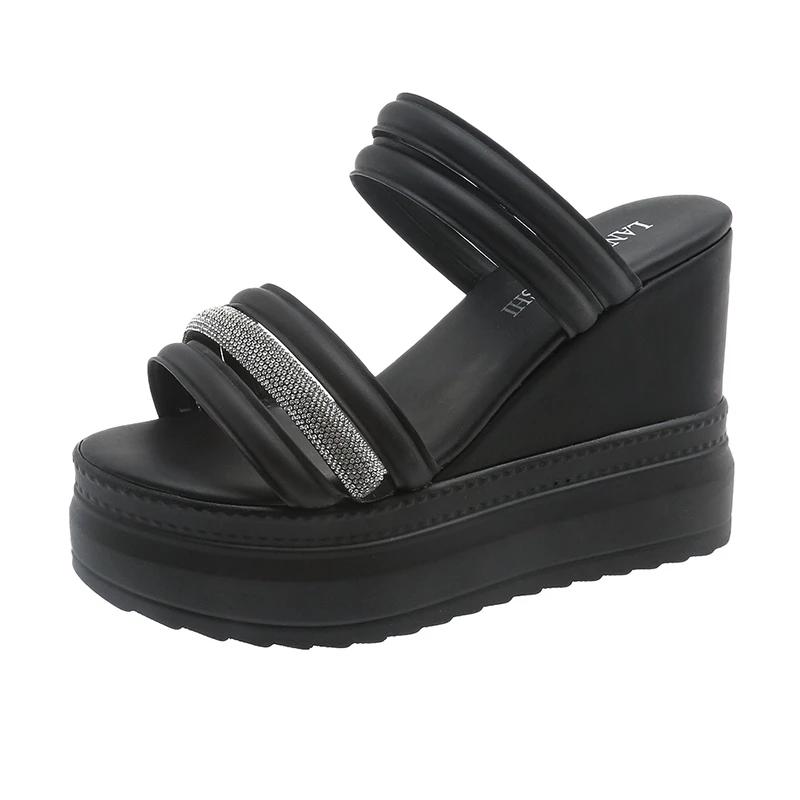 11,5 cm Sommar Peep Toe Kilsandaler För Kvinnor Mode Bling Plattforms Högklackade Casual Gladiator Skor Kvinnlig Toffelsandal