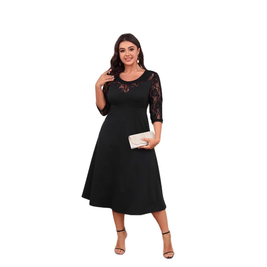 2024 Plus Size Women s Lace Patchwork Seven-Sleeve Dress - Real Shot XL чёрный