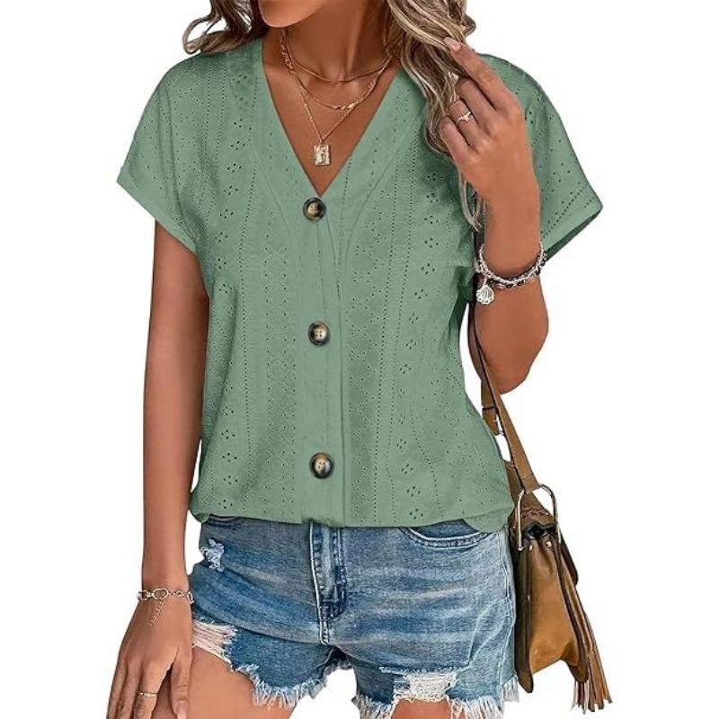 

YYFS Женская мода Повседневная Летняя Весна Однотонный Принт Короткие Рукава V-образный Вырез Блузки и Рубашки XL зелёный