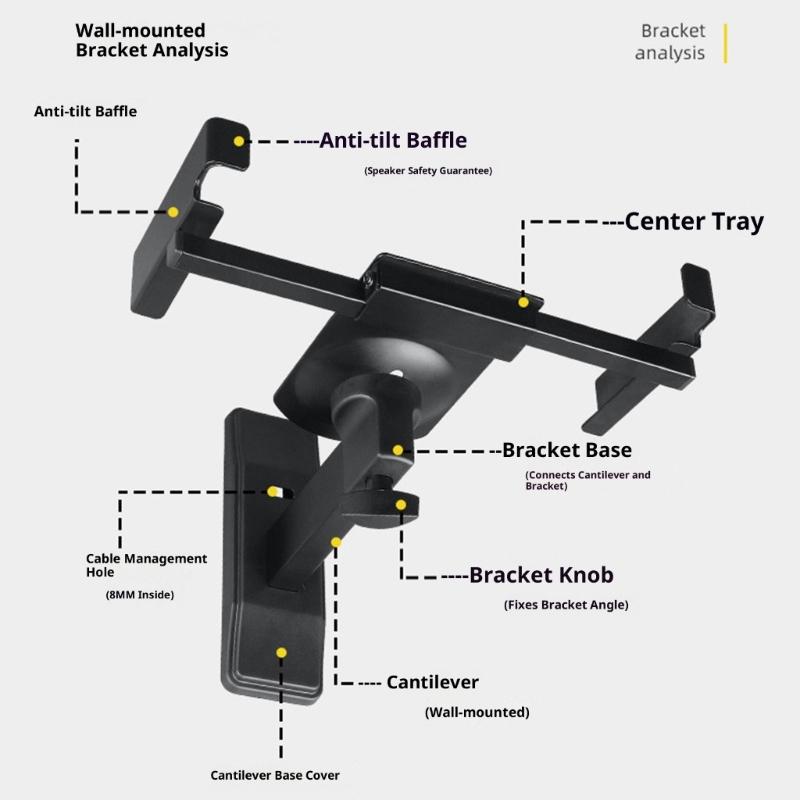 Supporto da Parete in Metallo per Altoparlanti per Sistemi Surround Regolabile Profondità 5-12 Pollici Rotazione 180° Inclinazione 15° con Pad Antivibrazione