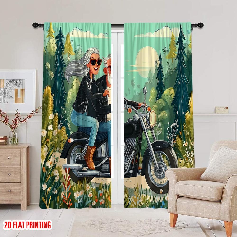 2pcs,2D Plane Printing Window Curtain Grandpa and Grandma Riding Motorcycles Polyester Woven (without Rod) Festive Perfect for