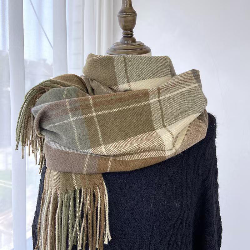 Imitation Cashmere Plaid Scarf - Women's Korean Style Autumn Winter Shawl with Tassels