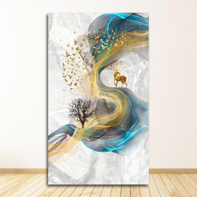 

Абстрактные картины с золотым оленем, настенные панно, современная картина на холсте, синий плакат с принтом, настенное искусство для гостиной, спальни, скандинавский стиль 20x35cm