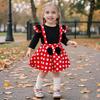 Little Girl Princess Outfit: Black Puff Sleeve Top, Polka Dot Overalls Skirt, and Bow Headband Set